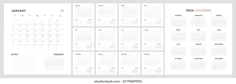Calendar 2026, Calendar 2026 Sunday Start Minimalist Square Design Template with place for Notes.