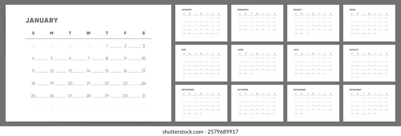 Calendar 2026, Calendar 2026 Sunday Start Minimalist Design Template