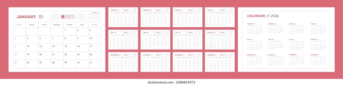 Calendar 2026, Calendar 2026 Sunday Start Office Classic Design Template.