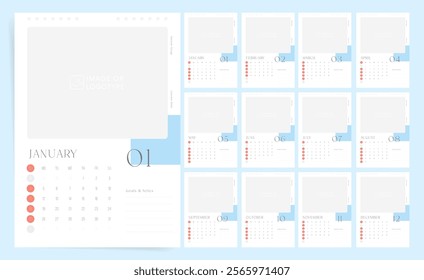 Calendar 2026, Calendar 2026 Sunday Start Pastel Blue Modern Design Template Vector, Modern Clean Editable Design Template Vector with Pace for Branding Image and Logo.