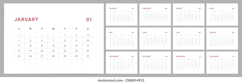 Calendar 2026 Sunday Start, Pink Sleek Style Organizer Template of 2026 Office Calendar 