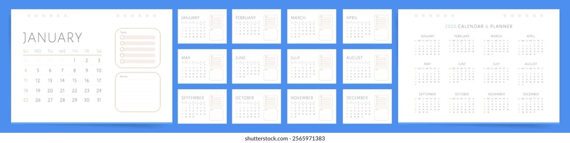 Calendar 2026, Calendar 2026 Sunday Start Planner Minimal Design Template Vector. 2026 Calendar Template with Space for Notes and To-Do List