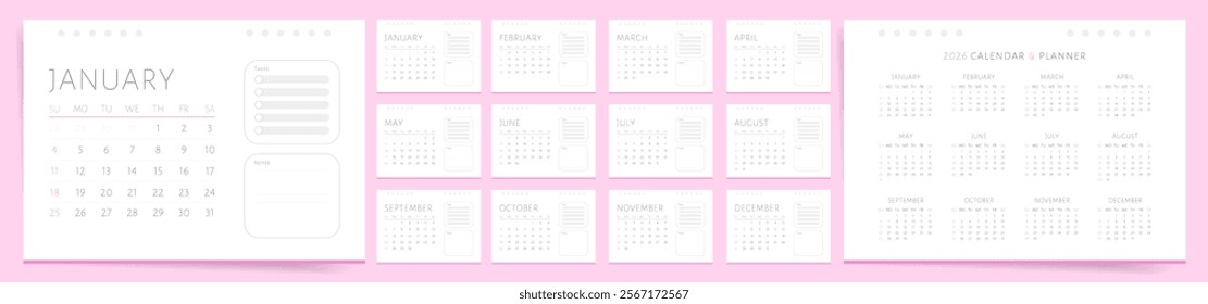 Calendar 2026, Calendar 2026 Sunday Start Planner Pastel Cute Pink Minimal Design Template Vector. Businesswoman Girly Professional Calendar for 2026 year with 12 Monthly Pages.