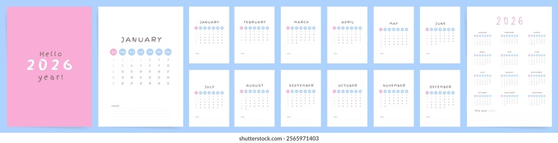 Calendar 2026, Calendar 2026 Sunday Start Playful Cute Pastel Design Template Vector