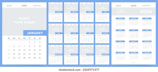 Calendar 2026, Calendar 2026 Sunday Start Professional Editable Design Template Vector with Pace for Branding Image and Logo.