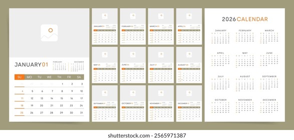 Calendar 2026, Calendar 2026 Sunday Start Professional Clean Design Template Vector, 12 Professional Calendar Pages for whole 2026 year with Logo and Image Integration.