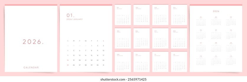 Calendar 2026, Calendar 2026 Sunday Start Soft Pink Minimal Design Template Vector. 12 Month Calendar Pages Covering the Entire Year of 2026