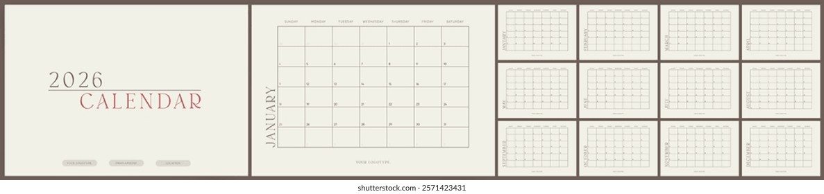 Calendar 2026, Calendar 2026 Sunday Start Vintage Minimal Corporate Design Template