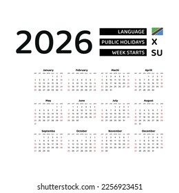 Calendar 2026 Swahili language with Tanzania public holidays. Week starts from Sunday. Graphic design vector illustration.