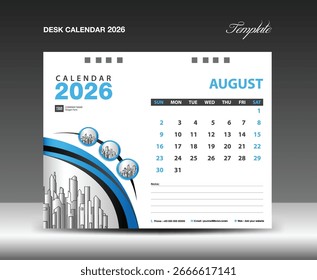 Calendar 2026 templat, August 2026 template. Wall Calendar design, planner, Desk Calendar 2026 year creative design, mockup, printing, advertisement, vector