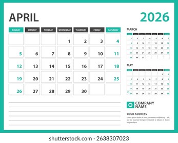 calendar 2026 template. April 2026 year, Week Starts on Sunday, Desk calendar 2026 design, Wall calendar, planner design, stationery, printing media, advertisement, vector