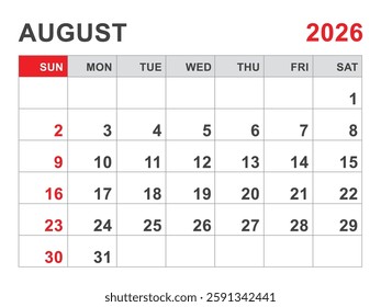 Calendar 2026 template, August 2026 layout, Printable minimalist monthly planner, Desk Calendar 2026 template, Wall calendar design, Week Start On Sunday, Stationery, printing, red color, vector
