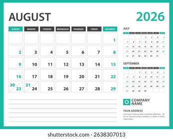 calendar 2026 template. August 2026 year, Week Starts on Sunday, Desk calendar 2026 design, Wall calendar, planner design, stationery, printing media, advertisement, vector