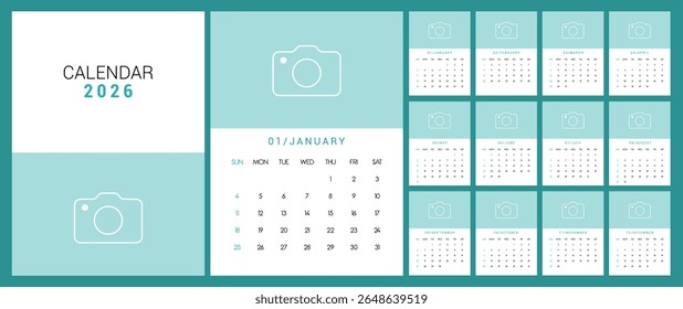 Projeto de conjunto de clipes de modelo Calendar 2026. 2026 calendário azul e branco clip art coleção com 12 meses, dias e semanal layout vetor ilustração. 
