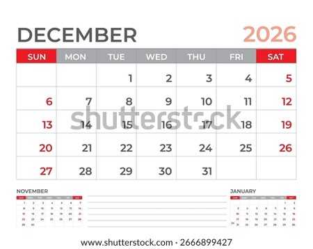 Calendar 2026 template - December 2026 design, Desk calendar 2026 year, planner design, Wall calendar, week starts on sunday, stationery, Desk office, organizer office, planner, printing media