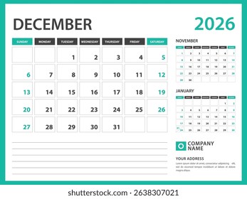 calendar 2026 template. December 2026 year, Week Starts on Sunday, Desk calendar 2026 design, Wall calendar, planner design, stationery, printing media, advertisement, vector