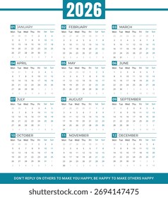 calendário para 2026, Calendário 2026 Modelo, 2026 Projeto do calendário 