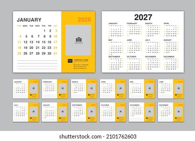 Calendar 2026 template, Desk Calendar planner 2026 and Set of 12 Months and calendar 2027 design, Wall calendar 2026 vector, Corporate design planner template, organization, printing,yellow background