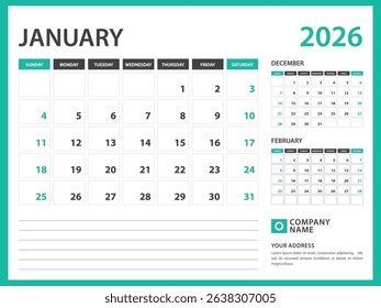 calendar 2026 template. January 2026 year, Week Starts on Sunday, Desk calendar 2026 design, Wall calendar, planner design, stationery, printing media, advertisement, vector