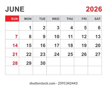 Calendar 2026 template, June 2026 layout, Printable minimalist monthly planner, Desk Calendar 2026 template, Wall calendar design, Week Start On Sunday, Stationery, printing, red color, vector

