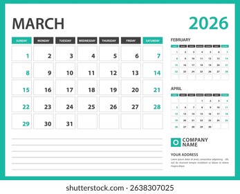 calendar 2026 template. March 2026 year, Week Starts on Sunday, Desk calendar 2026 design, Wall calendar, planner design, stationery, printing media, advertisement, vector