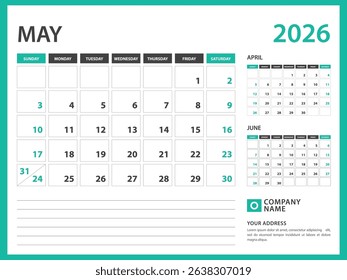 calendar 2026 template. May 2026 year, Week Starts on Sunday, Desk calendar 2026 design, Wall calendar, planner design, stationery, printing media, advertisement, vector