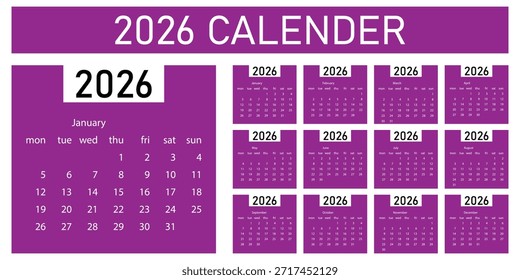 Plantilla Calendario 2026. Diseño de calendario mensual para el año 2026. Planificador diario para el año 2026. eps 10