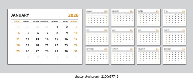 Calendar 2026 template, Monthly calendar template for 2026 year. Week starts on Monday. Desk Calendar 2026 template set, Planner simple, Wall calendar in a minimalist style,White and orange background
