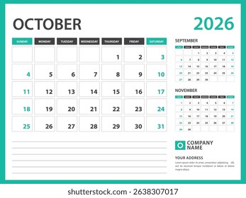 calendar 2026 template. October 2026 year, Week Starts on Sunday, Desk calendar 2026 design, Wall calendar, planner design, stationery, printing media, advertisement, vector