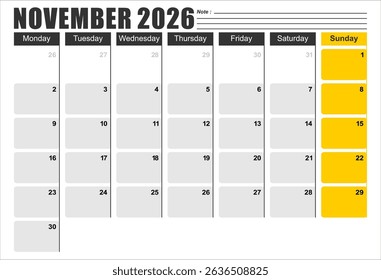Calendar 2026 template planner vector diary in a minimalist style