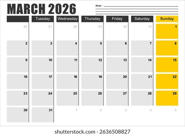 Calendar 2026 template planner vector diary in a minimalist style