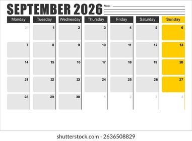 Calendar 2026 template planner vector diary in a minimalist style