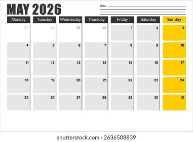 Calendar 2026 template planner vector diary in a minimalist style