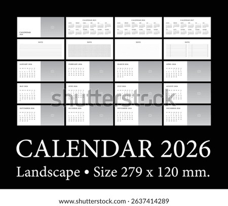 Calendar 2026 template planner vector diary in a minimalist style, Landscape