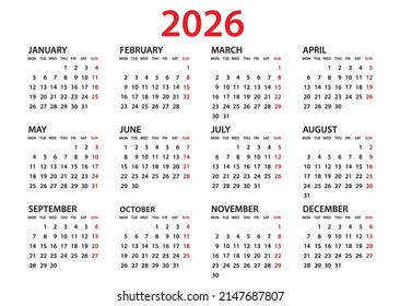 Calendar 2026 template, Planner 2026 year, Wall calendar 2026 template, Week Starts Monday, Set of 12 calendar, advertisement, printing, organization and business, stationery, simple minimal.