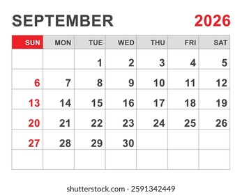 Calendar 2026 template, September 2026 layout, Printable minimalist monthly planner, Desk Calendar 2026 template, Wall calendar design, Week Start On Sunday, Stationery, printing, red color, vector
