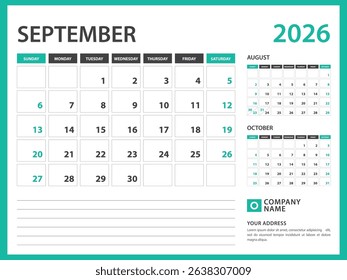 calendar 2026 template. September 2026 year, Week Starts on Sunday, Desk calendar 2026 design, Wall calendar, planner design, stationery, printing media, advertisement, vector