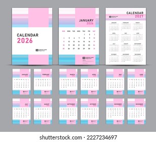 Calendario 2026 juego de plantillas y concepto de pastel 2027 año, calendario de paredes 2026, calendario de escritorio 2026 set, diseño de portada, Conjunto de 12 meses, Semana comienza domingo, Papelería, planificador, medios de impresión, afiche