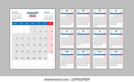 Calendar 2026 template set on blue background, Desk calendar 2026 design, planner design, wall calendar template, Set of 12 Months, Week Starts on Monday, Poster, Yearly organizer, Stationery, vector