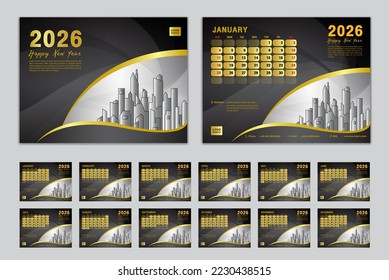 Calendar 2026 template set vector, Week starts Sunday, set of 12 month, Desk calendar 2026 year, wall calendar 2026, planner,  business template, Stationery, printing media, Black creative background 