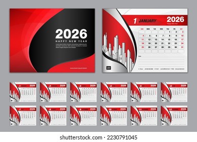 Calendar 2026 template set vector, Week starts Sunday, set of 12 month, Desk calendar 2026 year, wall calendar 2026, planner,  business template, Stationery, printing media, Red creative background 