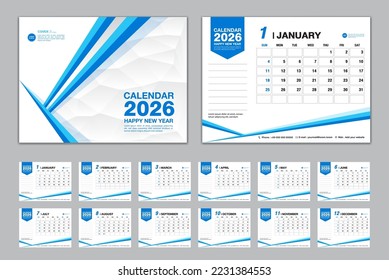 Calendar 2026 template set vector, Week starts Sunday, set of 12 month, Desk calendar 2026 year, wall calendar 2026, planner,  business template, Stationery, printing media, blue polygon background 
