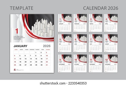 Calendar 2026 template Set, Wall calendar 2026 design can be place for photo and company Logo, Week Starts on Sunday, Set of 12 Months, Desk calendar 2026, Planner, advertisement, printing, poster