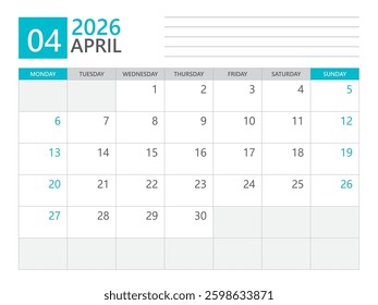 Calendar 2026 template vector, April 2026 template, week start on Monday, Desk calendar 2026 year, Business calendar in a minimalist, simple planner, Corporate planner template, print media design