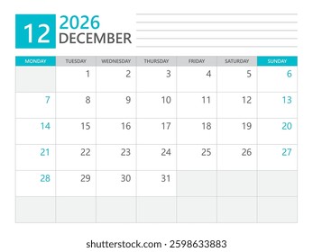 Calendar 2026 template vector, December 2026 template, week start on Monday, Desk calendar 2026 year, Business calendar in a minimalist, simple planner, Corporate planner template, print media design