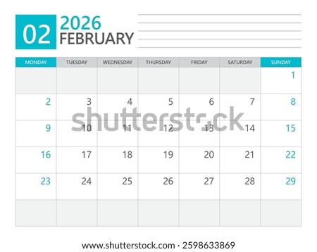 Calendar 2026 template vector, February 2026 template, week start on Monday, Desk calendar 2026 year, Business calendar in a minimalist, simple planner, Corporate planner template, print media design