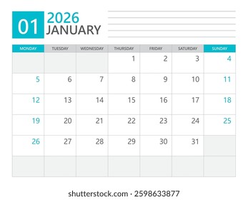 Calendar 2026 template vector, January 2026 template, week start on Monday, Desk calendar 2026 year, Business calendar in a minimalist, simple planner, Corporate planner template, print media design