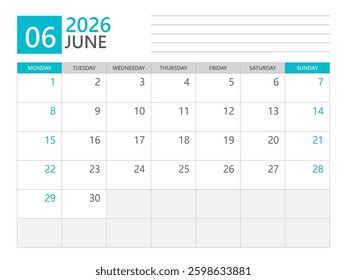Calendar 2026 template vector, June 2026 template, week start on Monday, Desk calendar 2026 year, Business calendar in a minimalist, simple planner, Corporate planner template, print media design