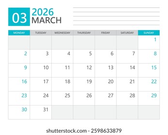 Calendar 2026 template vector, March 2026 template, week start on Monday, Desk calendar 2026 year, Business calendar in a minimalist, simple planner, Corporate planner template, print media design