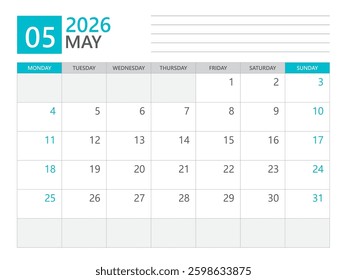 Calendar 2026 template vector, May 2026 template, week start on Monday, Desk calendar 2026 year, Business calendar in a minimalist, simple planner, Corporate planner template, print media design